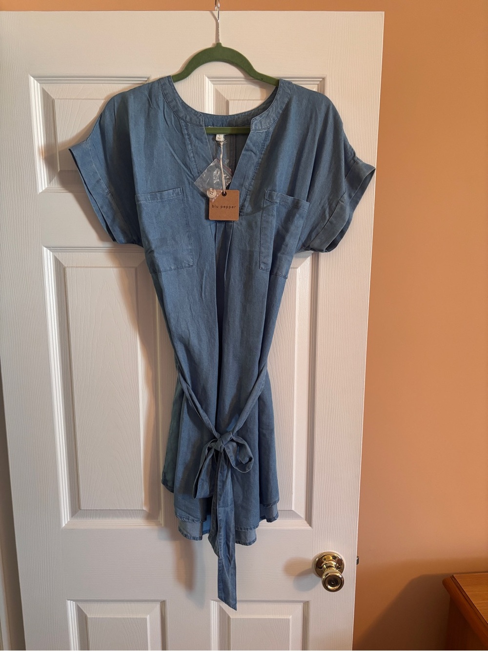 NWT- Blu Pepper Chambray Tie-Waist Mini Dress in Light Blue